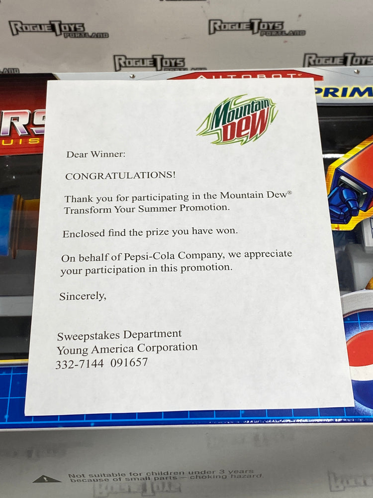 Transformers 2007 Pepsi Optimus Prime Mountain Dew Promotional Winner